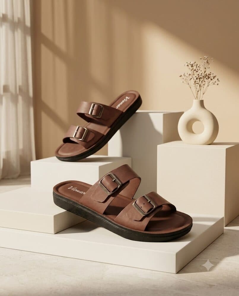 Cognac brown double-buckle slide sandal