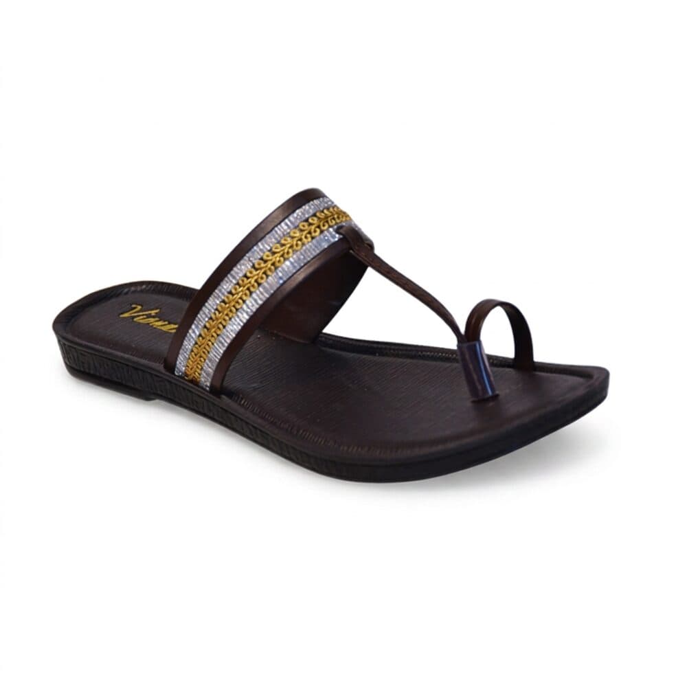 Brown toe-ring sandal with gold and silver embellished strap